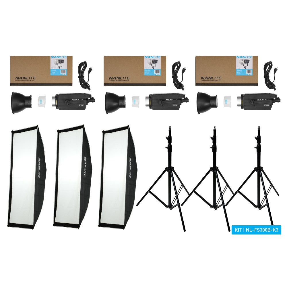 Nanlite FS300B LED triple kit (w/ light stand and softbox)