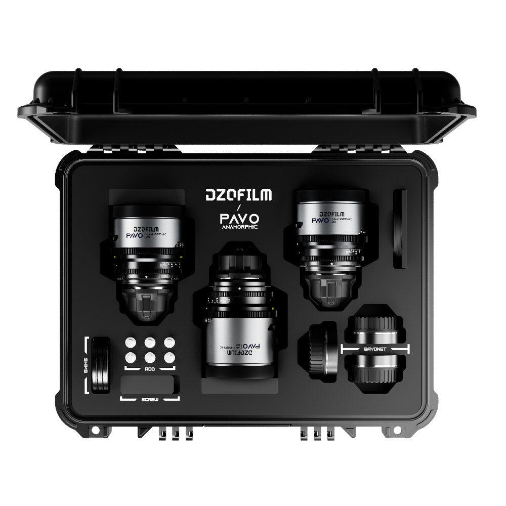 DZOFilm Pavo 2x anamorphotisches 3-Objektiv-Set 65mm/180mm T2,8, 135mm T2,5 – neutrale Beschichtung – PL- und EF-Anschluss (Meter)