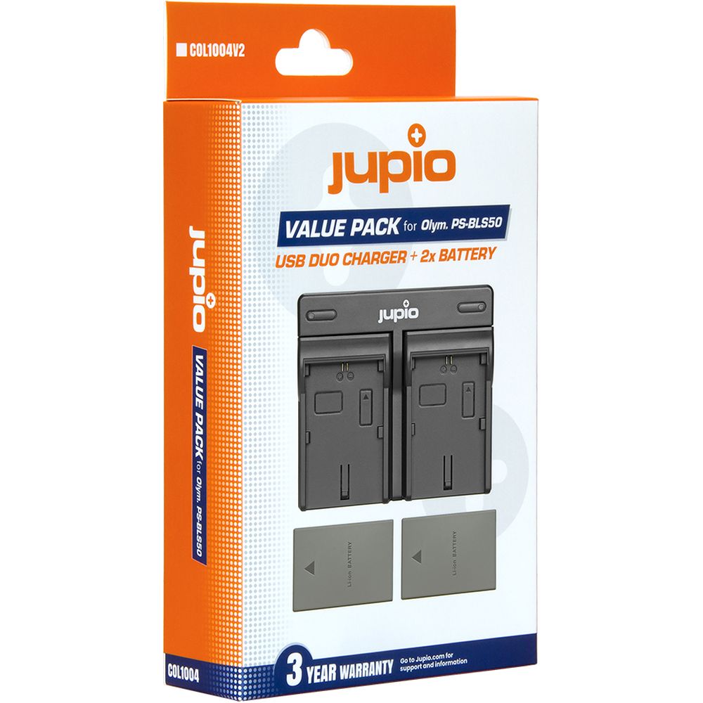 Jupio Vorteilspaket: 2x OM SYSTEM Akku PS-BLS5 / PS-BLS50 1210mAh + USB-Doppelladegerät